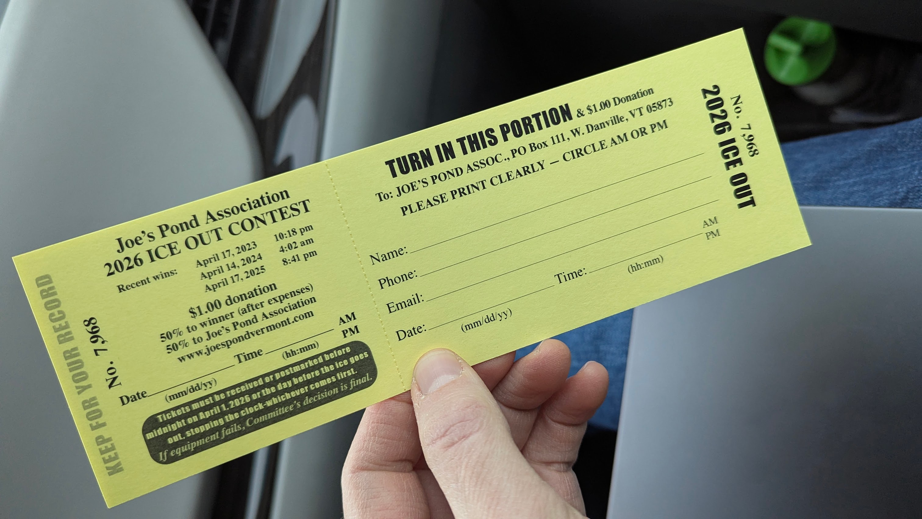 A picture of the ice out prediction ticket, not yet filled out