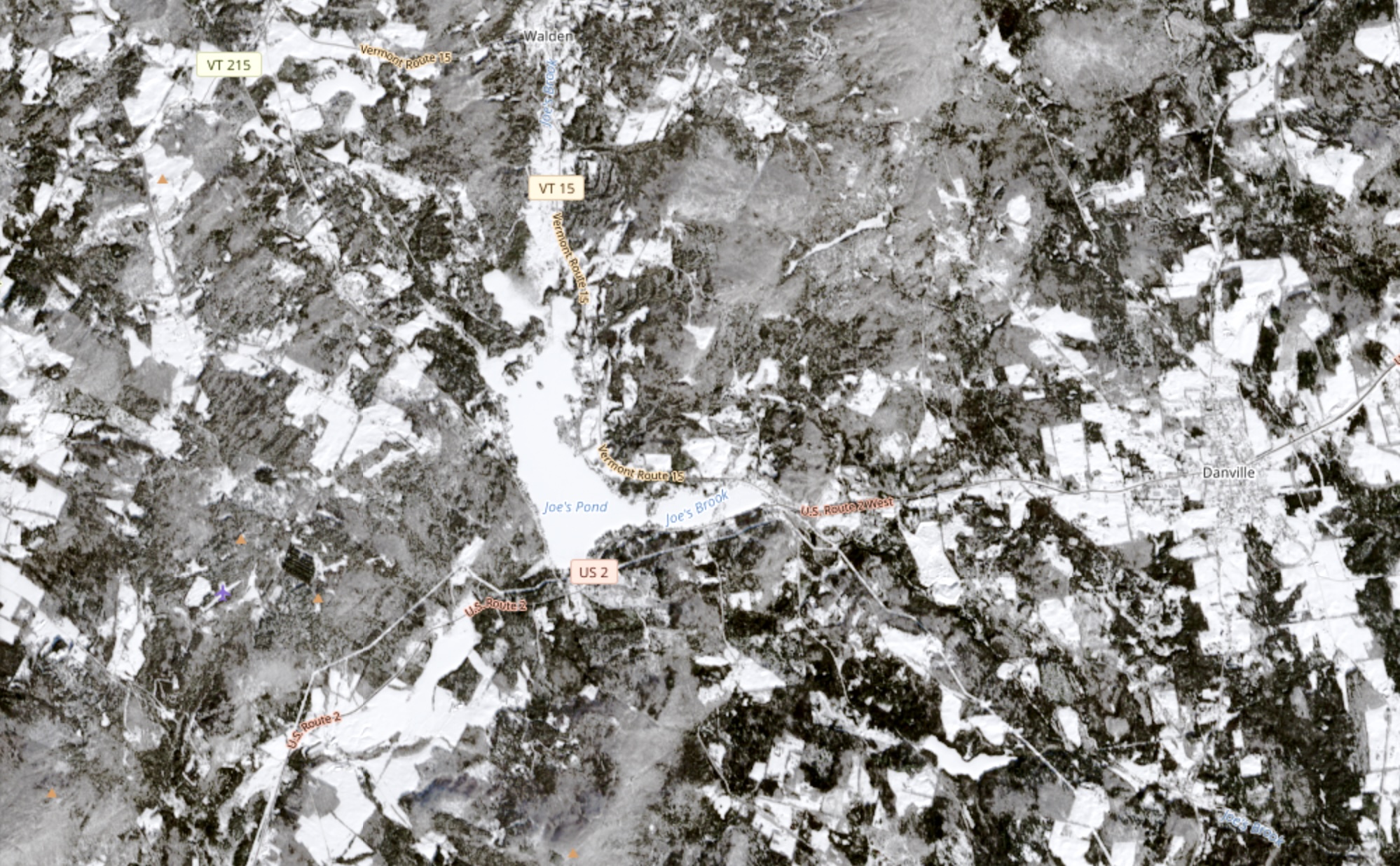 ESA Sentinel-2 image of Joe's Pond, frozen solid as an ice cube on February 15, 2026